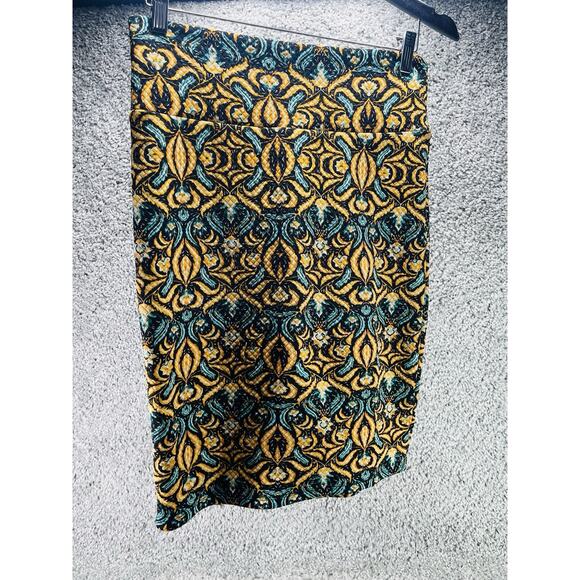 LuLaRoe Cassie Pencil Skirt Size Small Gold Blue Abstract Print Stretch Fabric - Picture 1 of 12